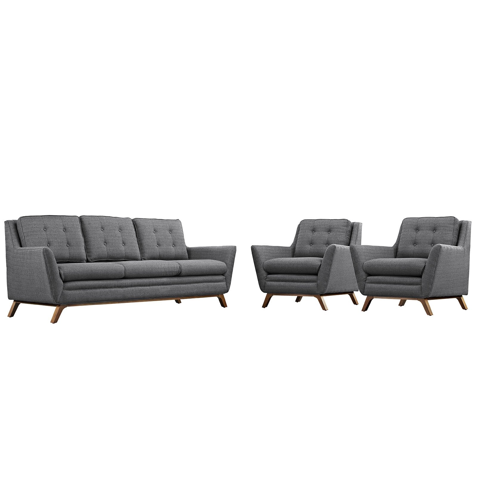 Modway Beguile Mid-Century Modern Sofa Upholstered Fabric With Sofa And Two Armchairs In Gray